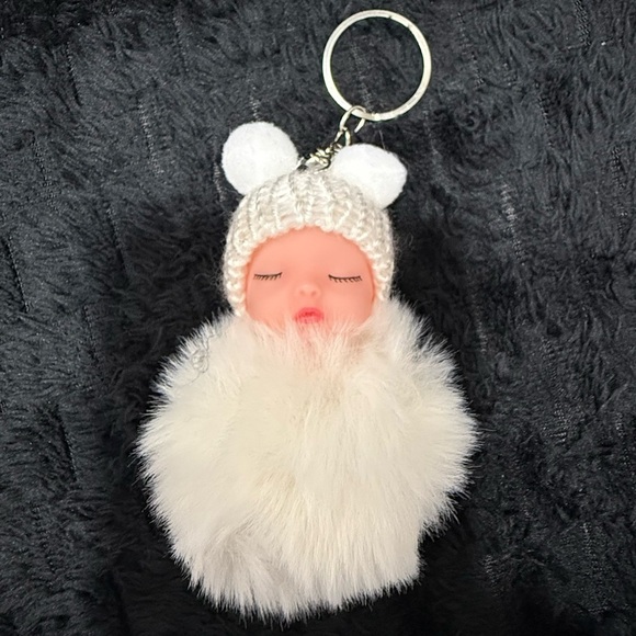 Other - Cute Sleeping Baby Doll Faux Fur Pom Pom Keychain Bag Charm Purse Accessory